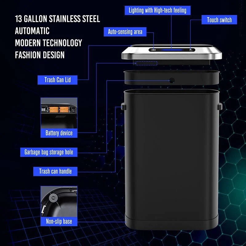 50L Smart 13 Gallon Trash Can with Soft-Close Lid - Black Automatic Motion Sensor Trash Can -Bathlova