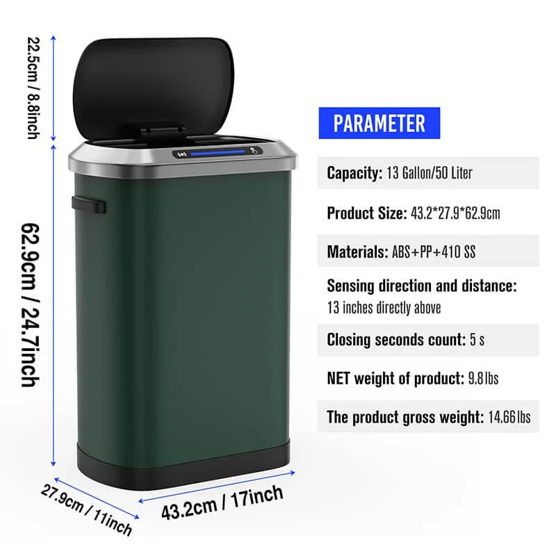 50L Smart 13 Gallon Trash Can with Soft-Close Lid - Green Automatic Trash Can -Bathlova