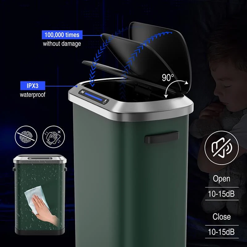 50L Smart 13 Gallon Trash Can with Soft-Close Lid - Green Automatic Trash Can -Bathlova