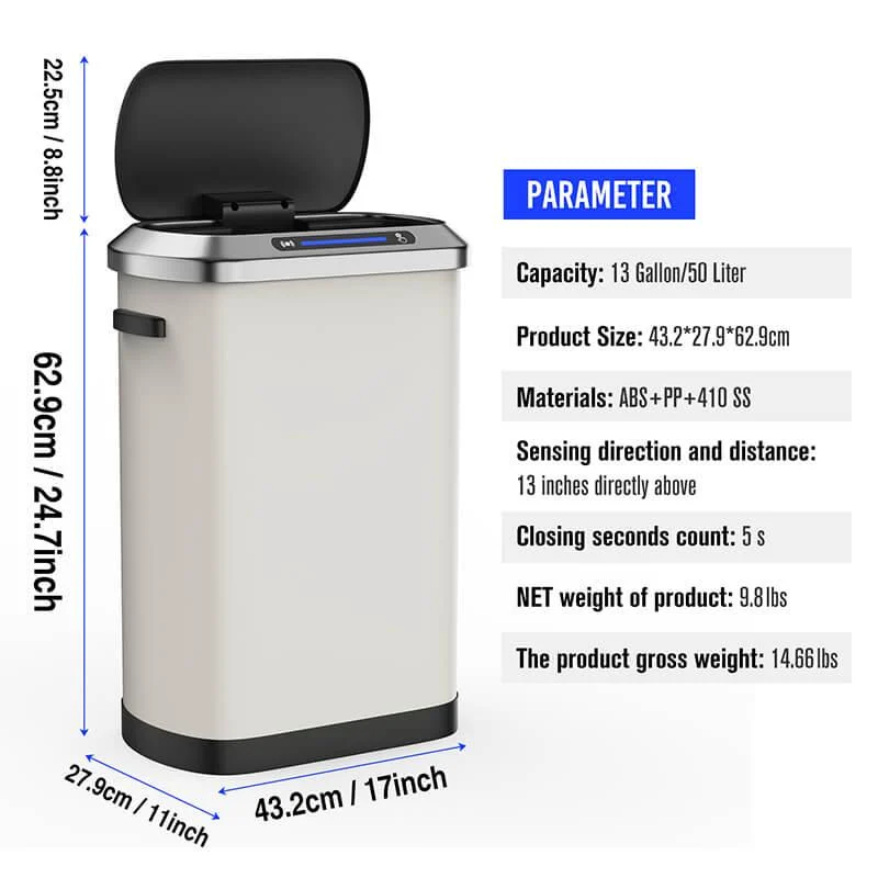 50L Smart 13 Gallon Trash Can with Soft-Close Lid - White Automatic Rectangular Trash Can -Bathlova