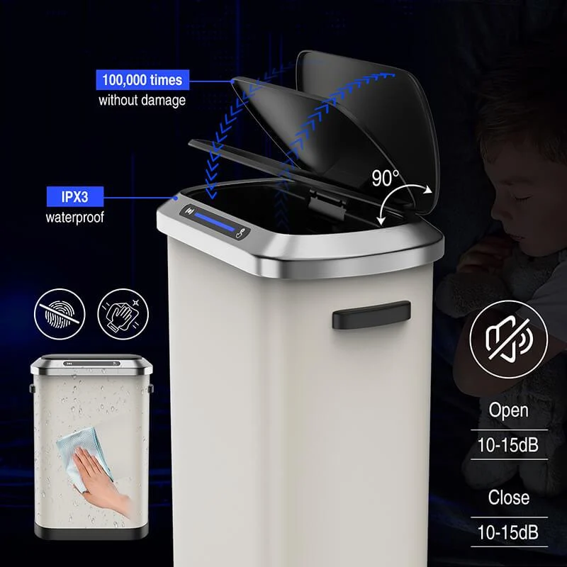 50L Smart 13 Gallon Trash Can with Soft-Close Lid - White Automatic Rectangular Trash Can -Bathlova