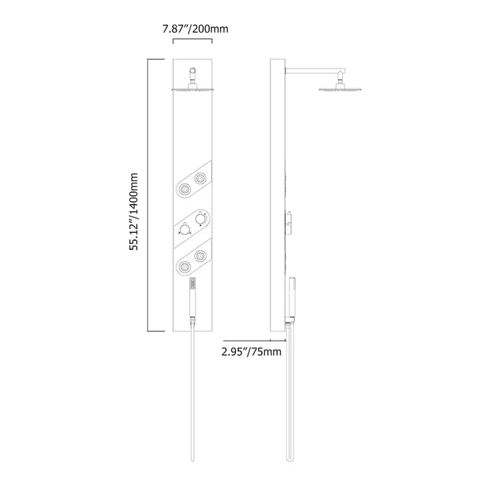 55" Black Rainfall Shower Panel with Handheld Shower Adjustable Shower Head & Body Jets -Bathlova