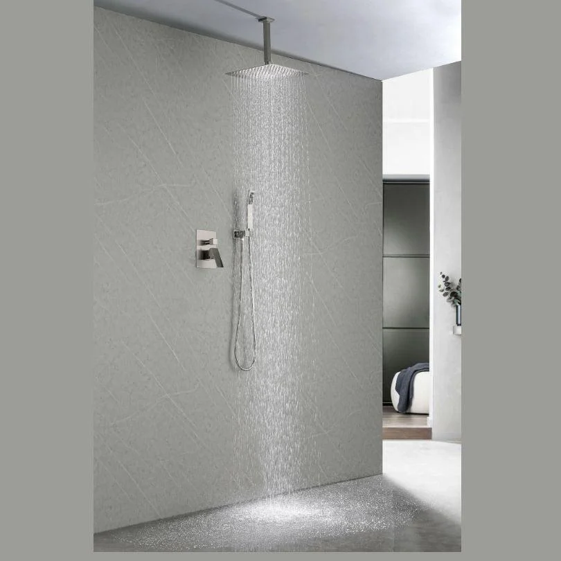 59" Brushed Nickel Ceiling-mounted Square Rain Shower Head System with Handheld Shower -Bathlova