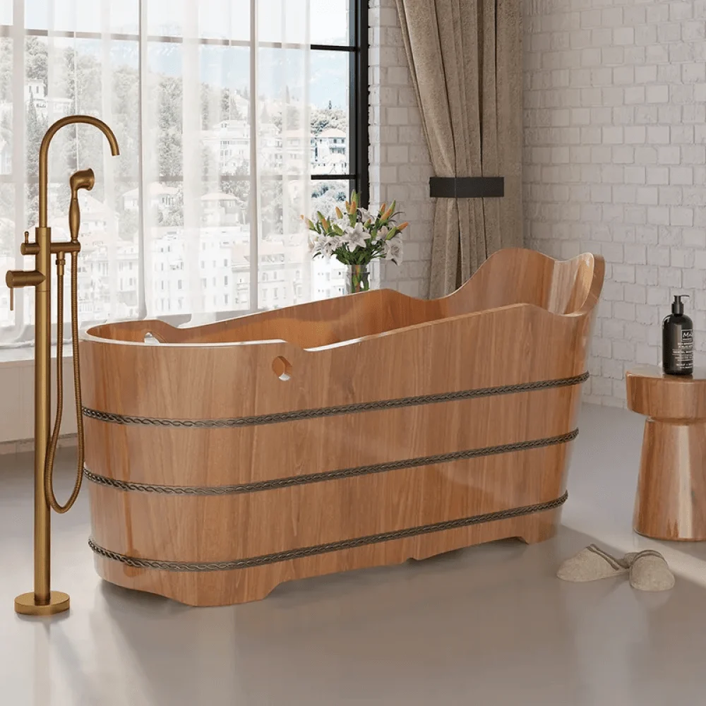 59" Japanese Oak Wood Soaking Bathtub - Freestanding Modern Natural -Bathlova