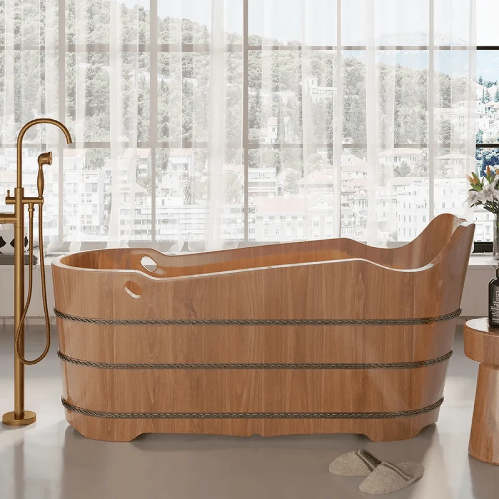 59" Japanese Oak Wood Soaking Bathtub - Freestanding Modern Natural -Bathlova