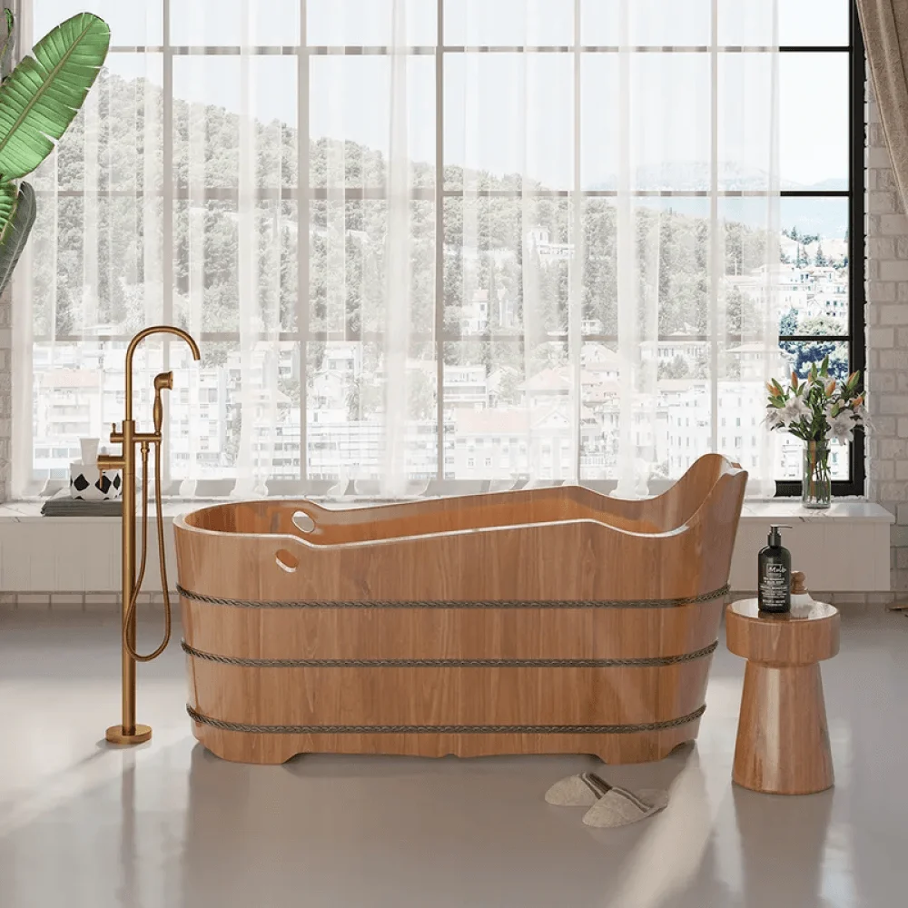 59" Japanese Oak Wood Soaking Bathtub - Freestanding Modern Natural -Bathlova