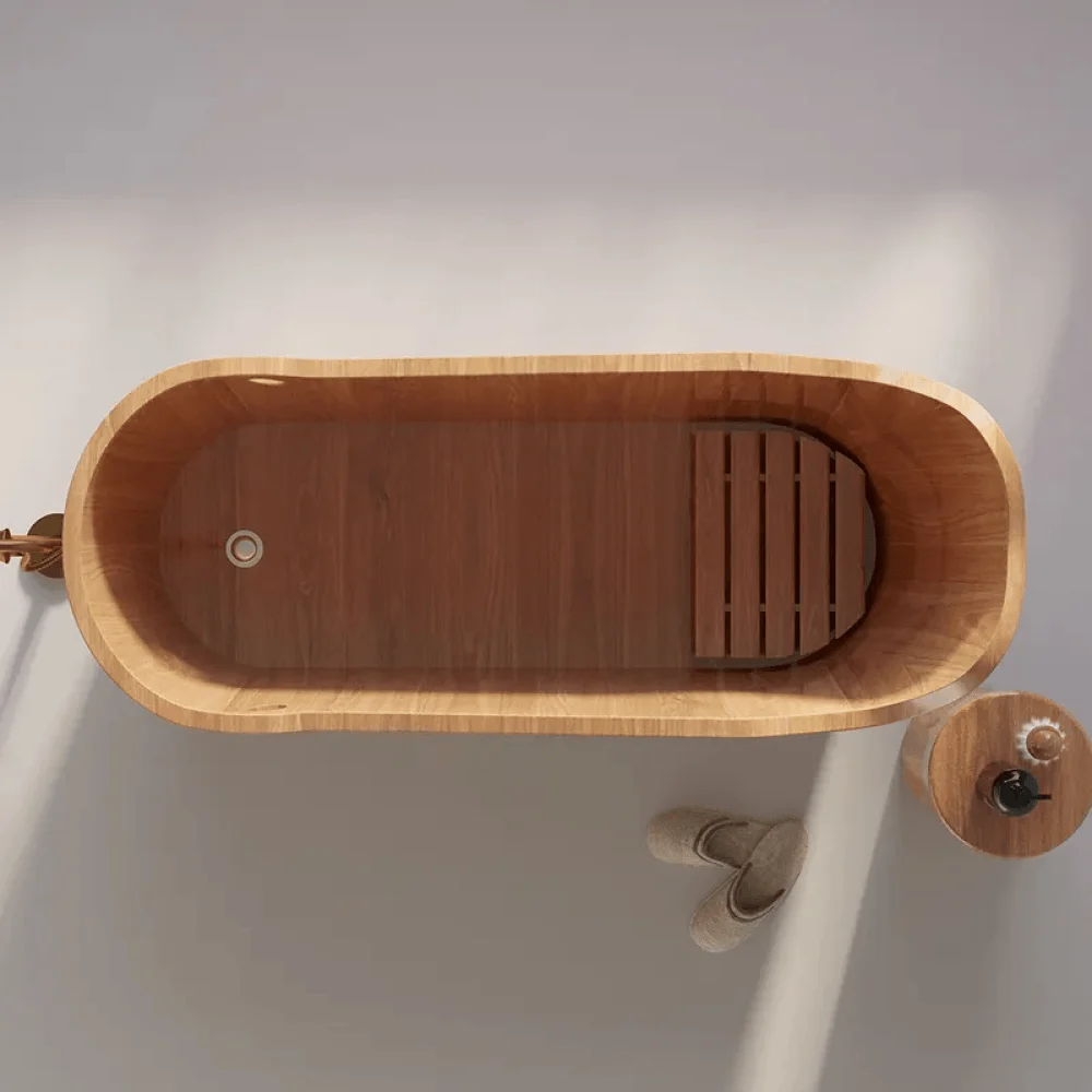 59" Japanese Oak Wood Soaking Bathtub - Freestanding Modern Natural -Bathlova