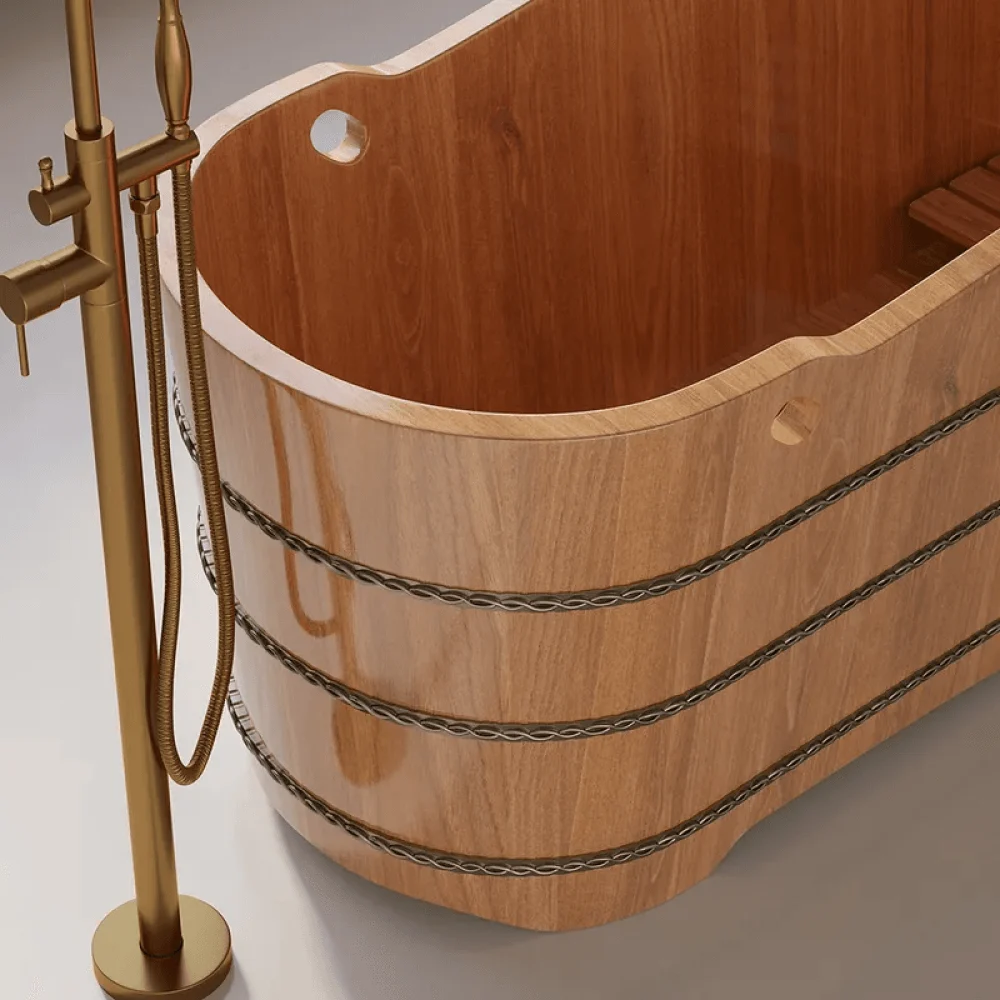 59" Japanese Oak Wood Soaking Bathtub - Freestanding Modern Natural -Bathlova