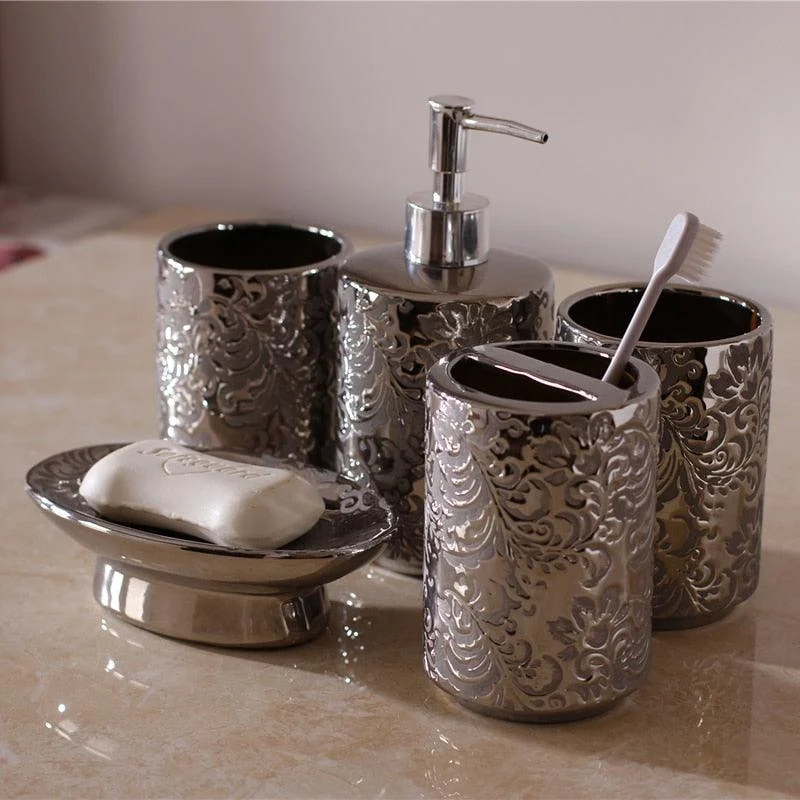 5pcs Silver Ceramics Five Piece Set Washing Tools Bathroom Toiletry Set -Bathlova