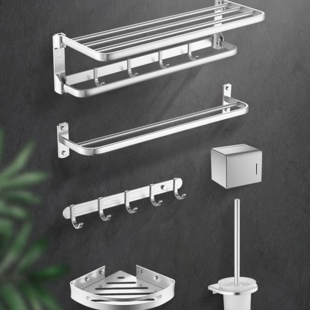 6-Piece Bathroom Hardware Set in Silver with Bath Shelf/Robe Hooks/Towel Bar -Bathlova