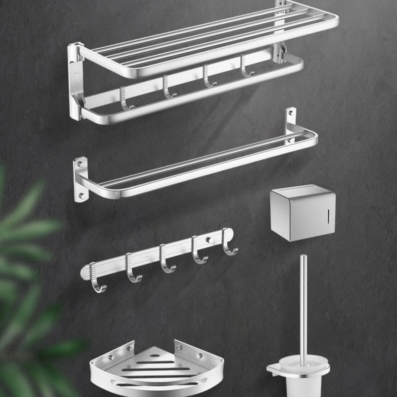 6-Piece Bathroom Hardware Set in Silver with Bath Shelf/Robe Hooks/Towel Bar -Bathlova