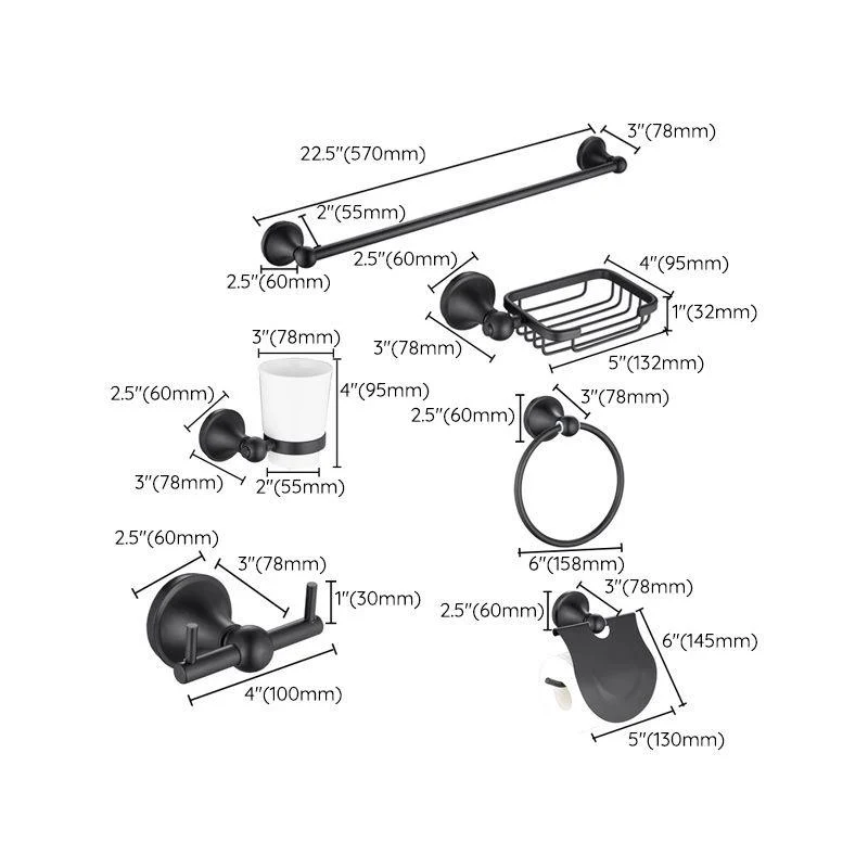 6-Piece Modern Bath Hardware Set in Stainless Steel Matte Black Robe Hooks/Towel Ring Bar -Bathlova