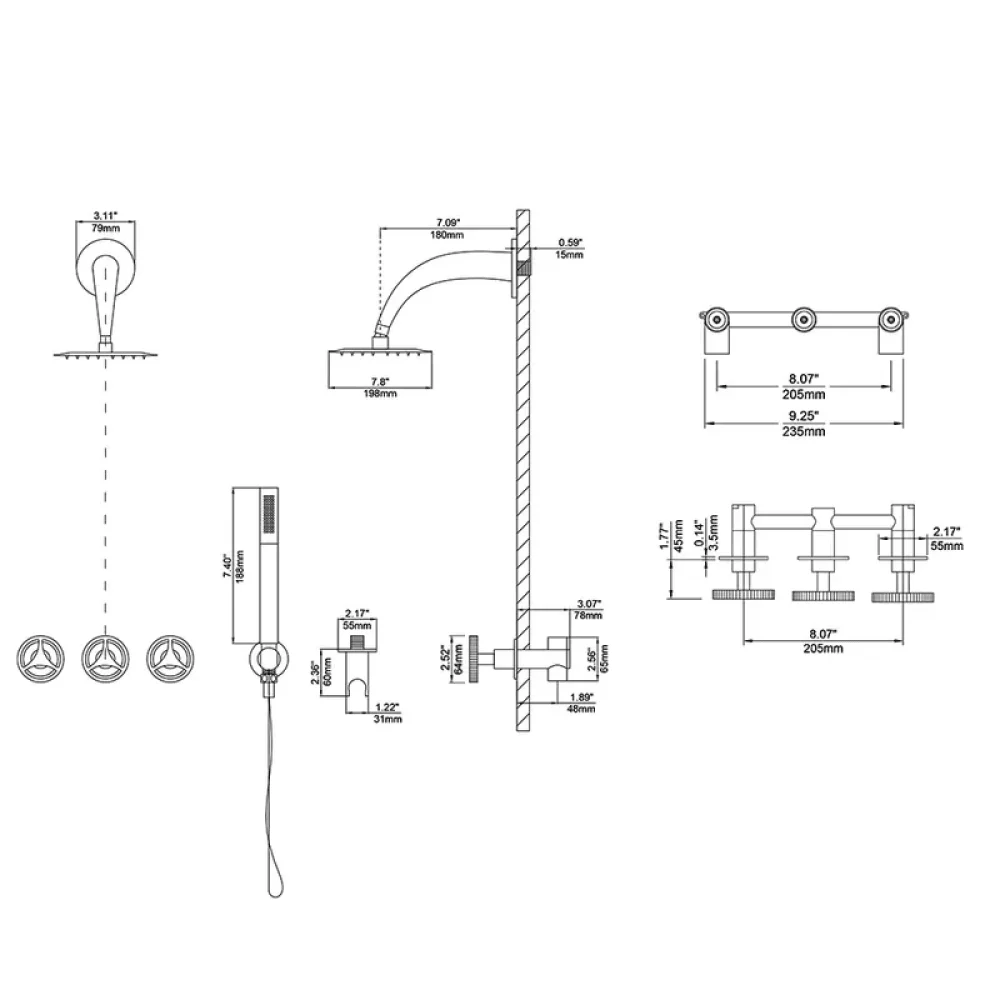 8" Ave Rain Shower System with Shower Head and Hand Shower -Bathlova