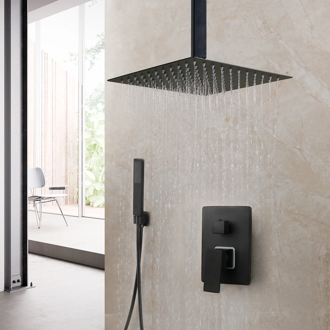 Matte Black Rainfall Tub LED Bathtub Rain Square Stainless Steel Shower Head Shower With Mixer Valve