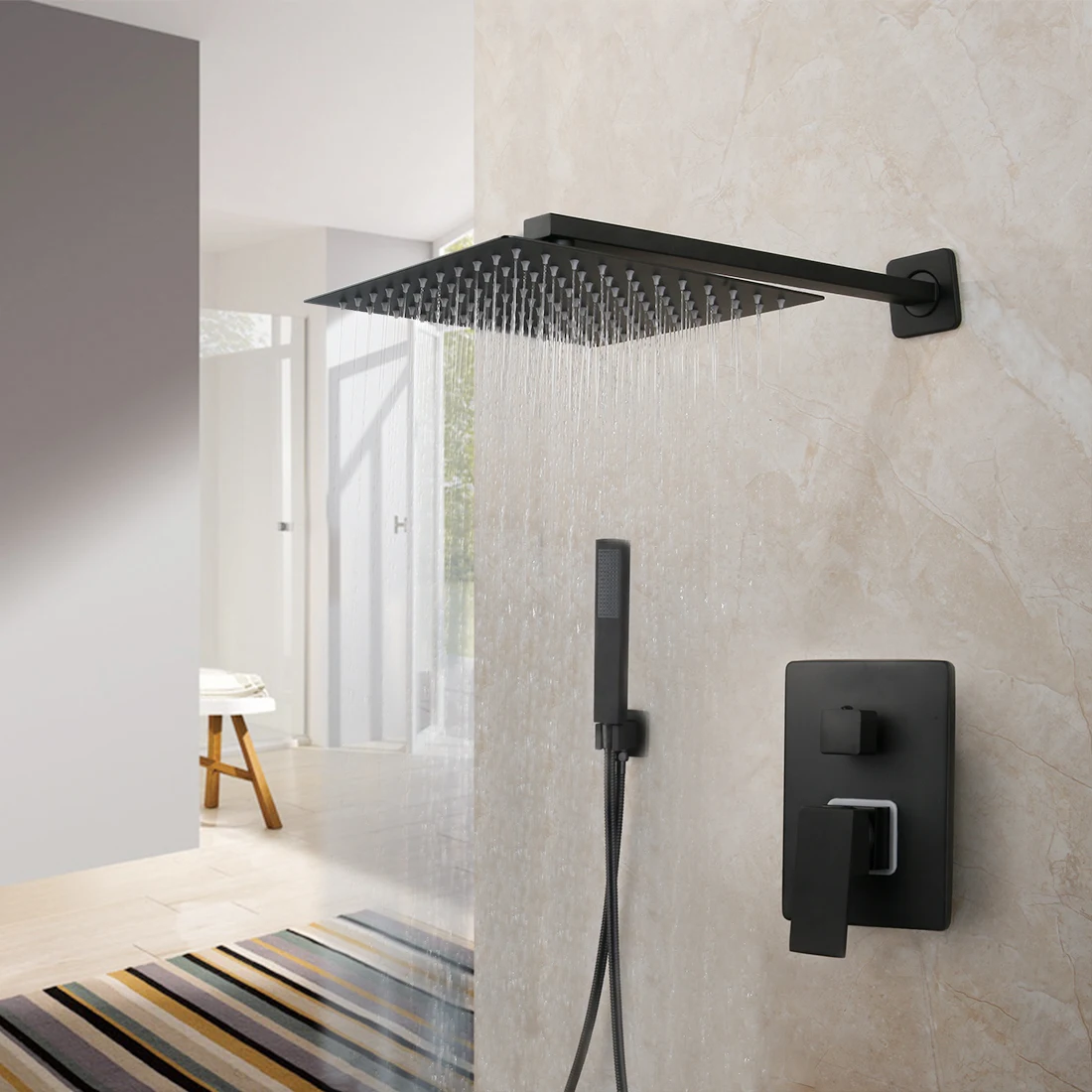 Matte Black Rainfall Tub LED Bathtub Rain Square Stainless Steel Shower Head Shower With Mixer Valve