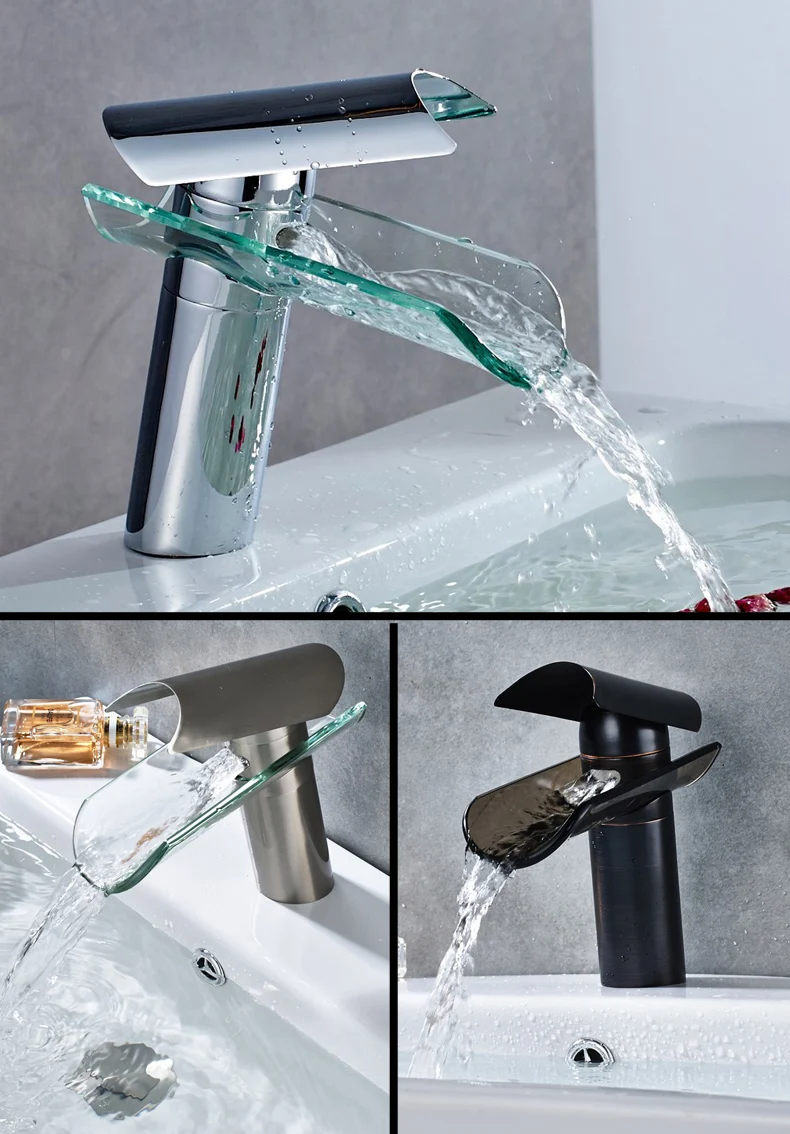 One Handle Single Hole Glass Waterfall Type Brass Basin Tap In 3 Colors