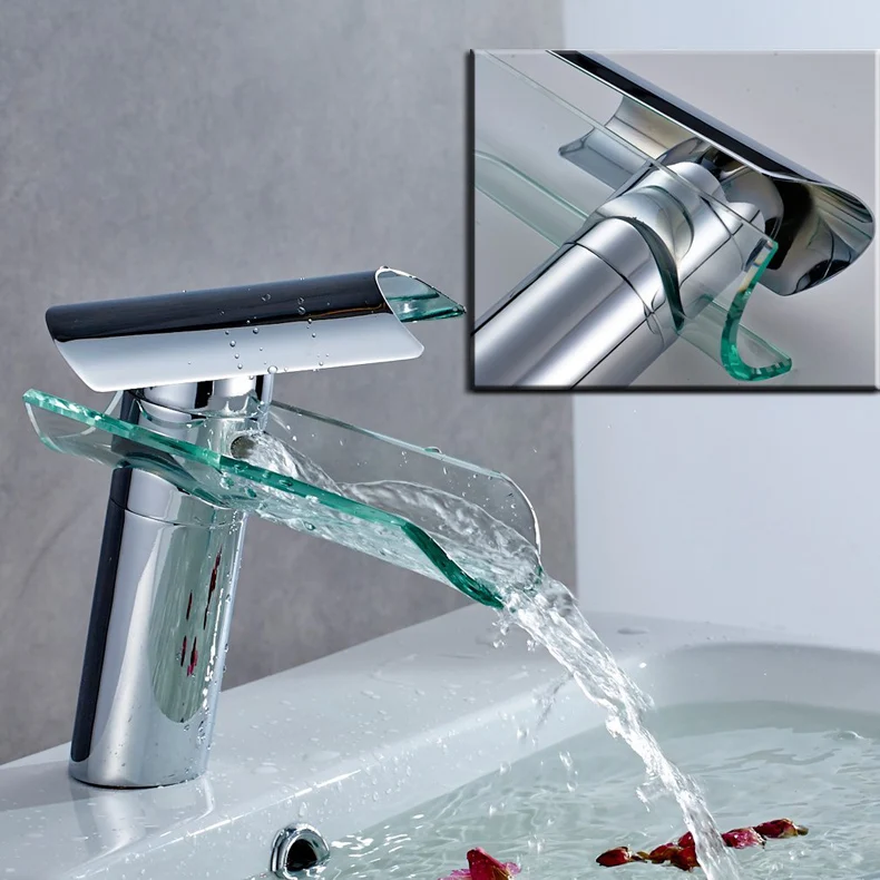 One Handle Single Hole Glass Waterfall Type Brass Basin Tap In 3 Colors