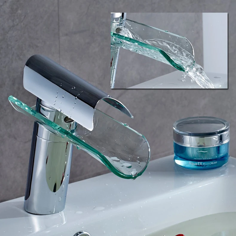 One Handle Single Hole Glass Waterfall Type Brass Basin Tap In 3 Colors