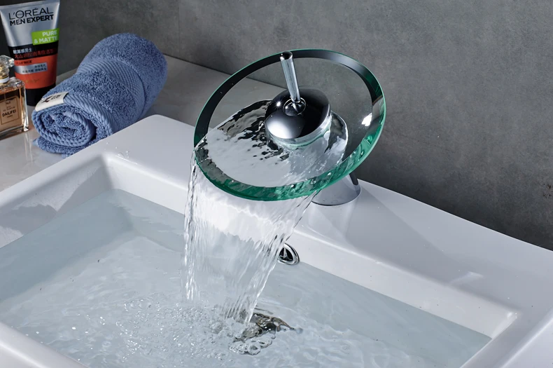 One Handle Single Hole Glass Waterfall Type Brass Basin Tap In 3 Colors