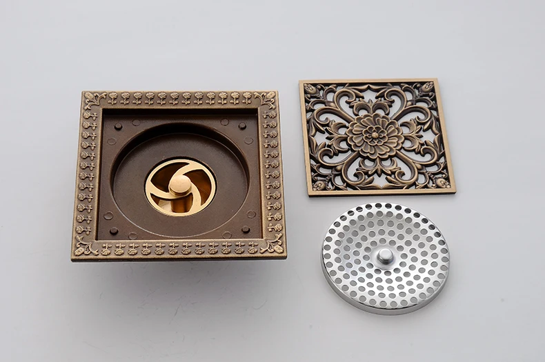 5" Antique Brass Dragon Style Bathroom Square Floor Drain