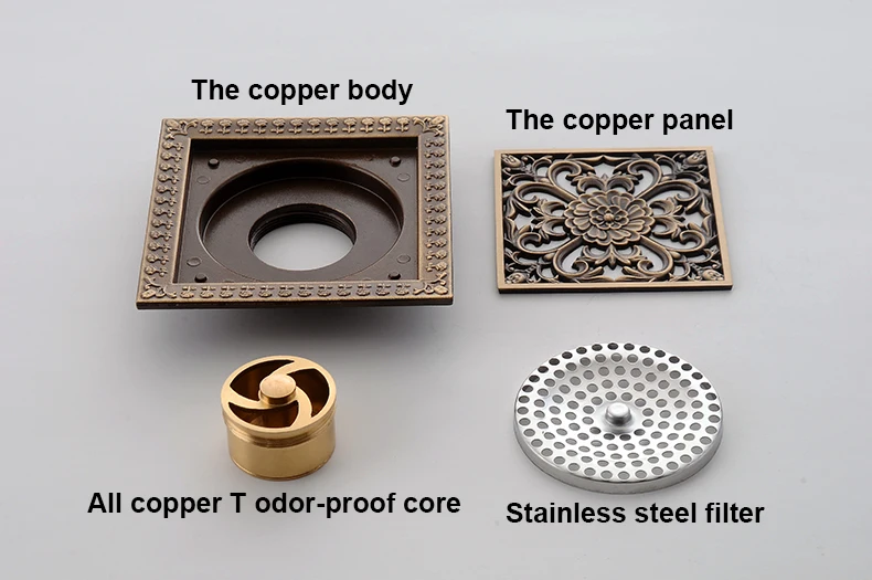 5" Antique Brass Dragon Style Bathroom Square Floor Drain