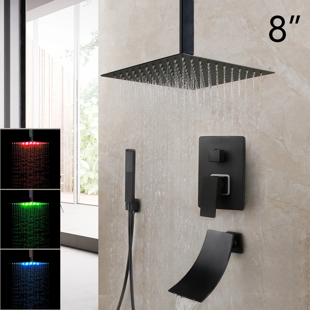 Matte Black Rainfall Tub LED Bathtub Rain Square Stainless Steel Shower Head Shower With Mixer Valve