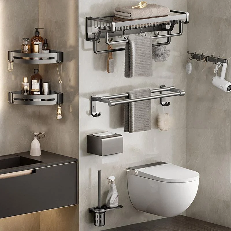 Aluminum Modern Bathroom Accessory Set Polished Gray Bath Shelf/Paper Holder/Robe Hooks -Bathlova