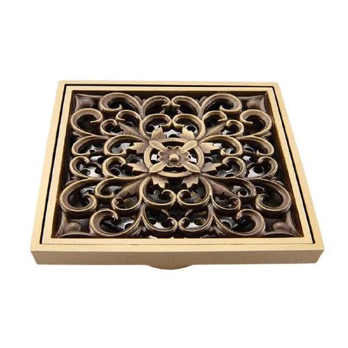 Antique Brass Art Carved Flower Bathroom Floor Waste Grate Shower Drain -Bathlova