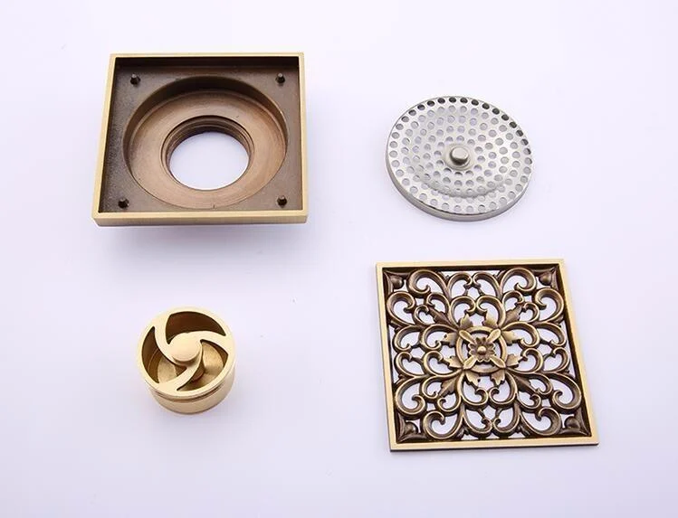 Antique Brass Art Carved Flower Bathroom Floor Waste Grate Shower Drain -Bathlova