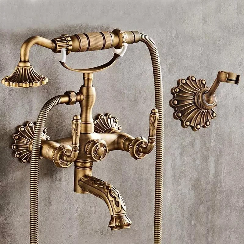 Antique Brass Bathtub Shower Tap Set Dual Control Carved Mixer Tap -Bathlova