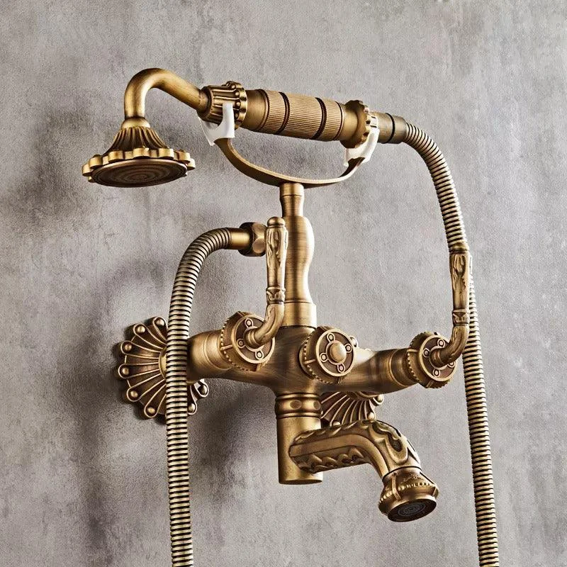 Antique Brass Bathtub Shower Tap Set Dual Control Carved Mixer Tap -Bathlova