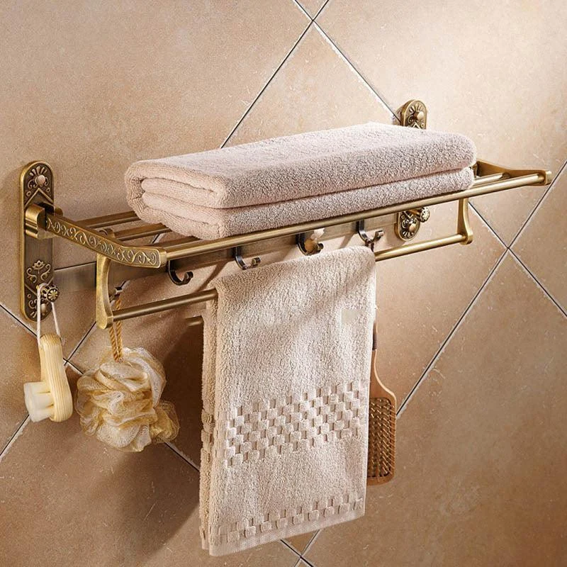 Antique Brass Double Towel Shelf With Hooks Bathroom Accessories -Bathlova