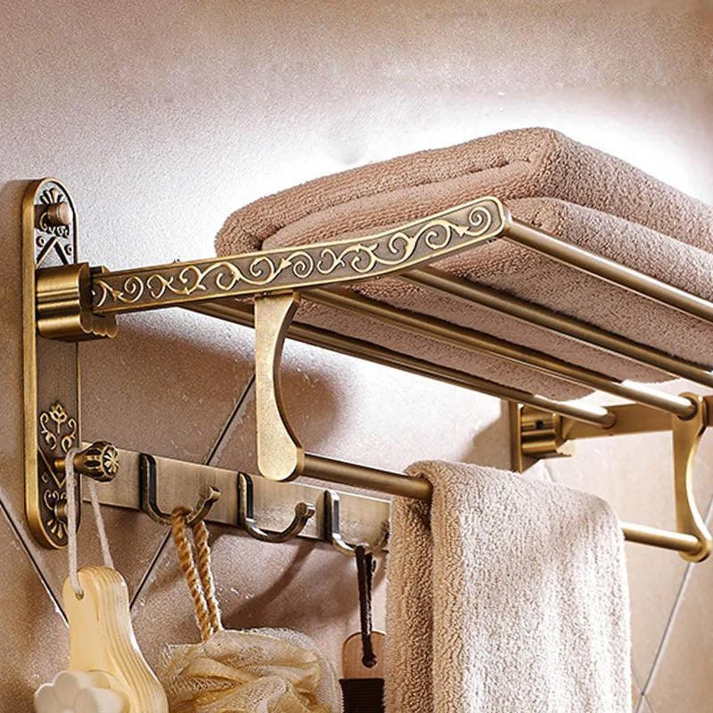 Antique Brass Double Towel Shelf With Hooks Bathroom Accessories -Bathlova