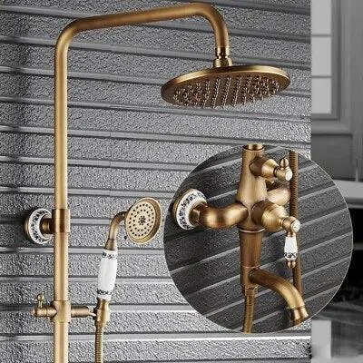 Antique Brass Mixer Valve Shower Set One Handle with Storage Holder -Bathlova