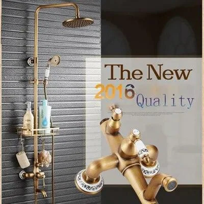 Antique Brass Mixer Valve Shower Set One Handle with Storage Holder -Bathlova