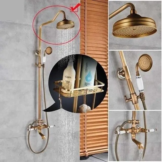 Antique Brass Mixer Valve Shower Set One Handle with Storage Holder -Bathlova