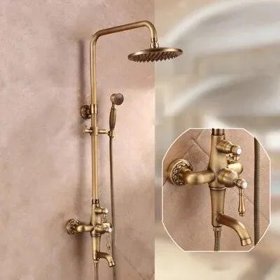 Antique Brass Mixer Valve Shower Set One Handle with Storage Holder -Bathlova