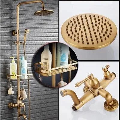 Antique Brass Mixer Valve Shower Set One Handle with Storage Holder -Bathlova