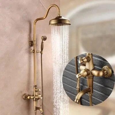 Antique Brass Mixer Valve Shower Set One Handle with Storage Holder -Bathlova