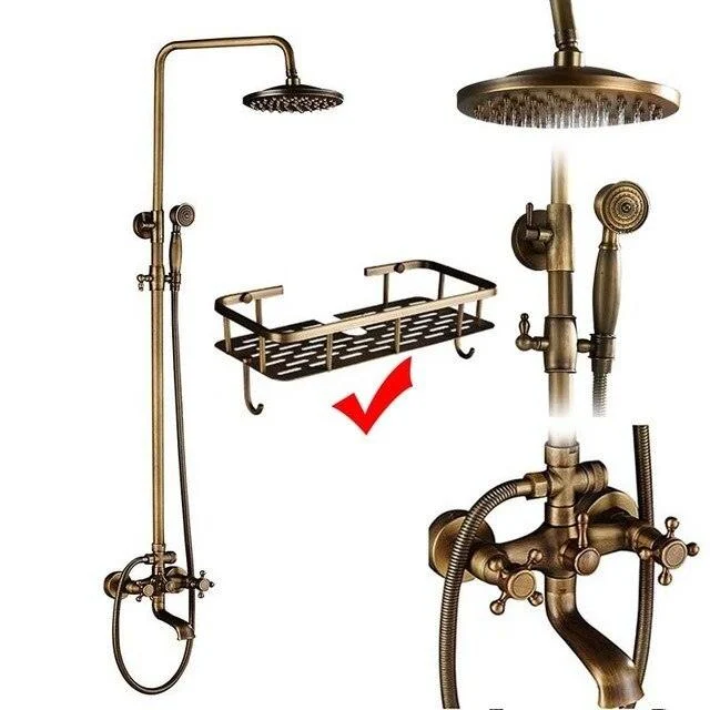 Antique Brass Shower Set Wall Mount Dual Knobs Mixer Tap Shower Set -Bathlova