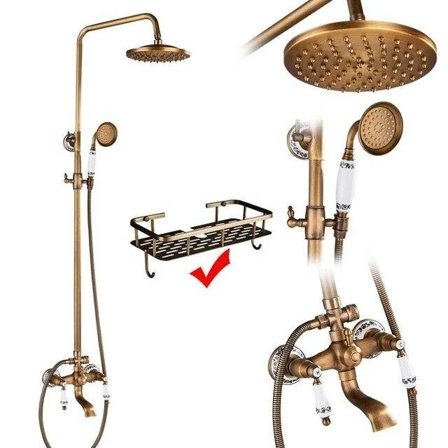 Antique Brass Shower Set Wall Mount Dual Knobs Mixer Tap Shower Set -Bathlova