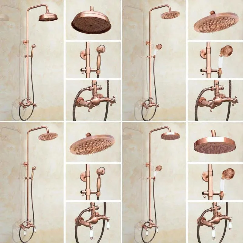 Antique Red Copper Wall Mounted Dual Handles Shower Head Tap Set -Bathlova