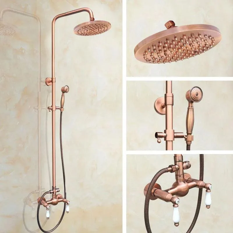 Antique Red Copper Wall Mounted Dual Handles Shower Head Tap Set -Bathlova