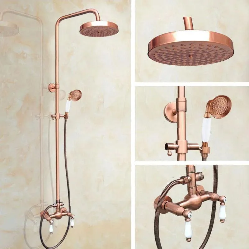 Antique Red Copper Wall Mounted Dual Handles Shower Head Tap Set -Bathlova