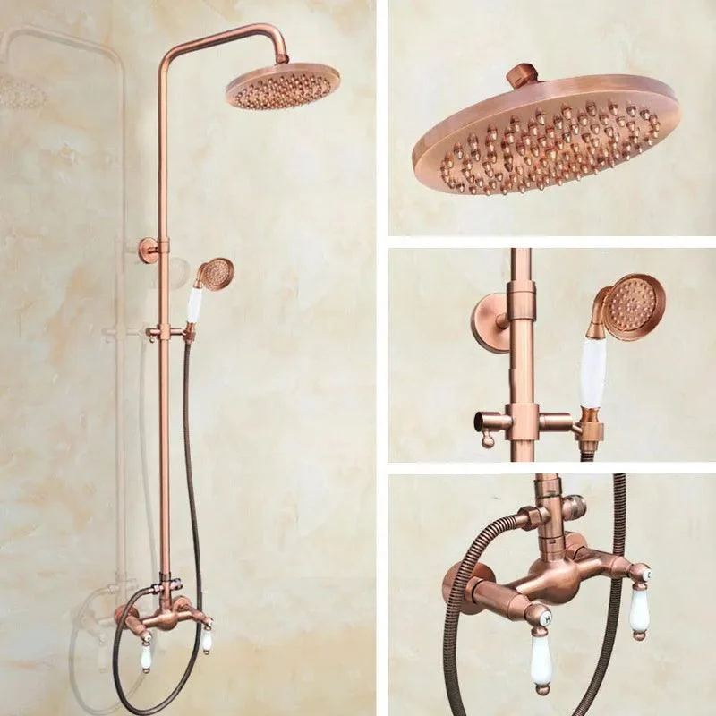 Antique Red Copper Wall Mounted Dual Handles Shower Head Tap Set -Bathlova