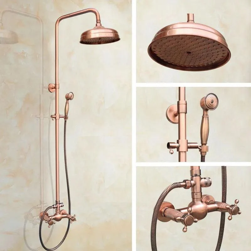 Antique Red Copper Wall Mounted Dual Handles Shower Head Tap Set -Bathlova