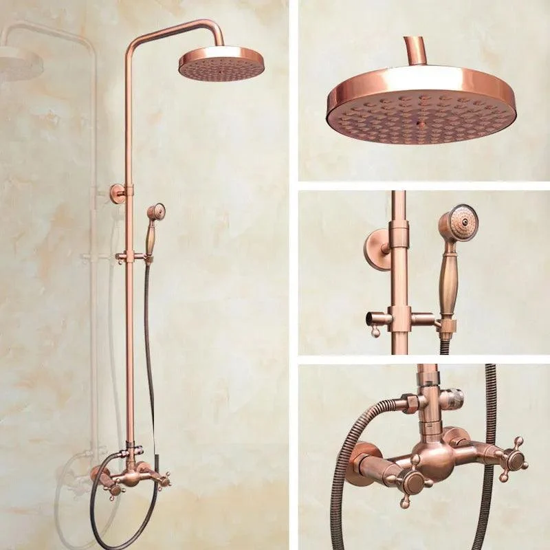 Antique Red Copper Wall Mounted Dual Handles Shower Head Tap Set -Bathlova