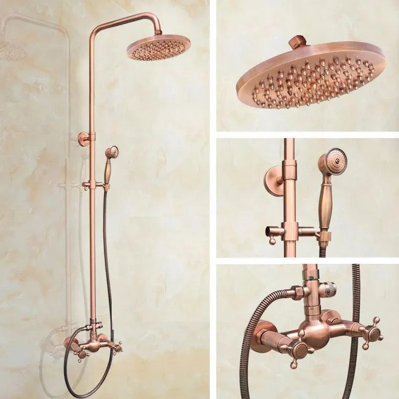 Antique Red Copper Wall Mounted Dual Handles Shower Head Tap Set -Bathlova