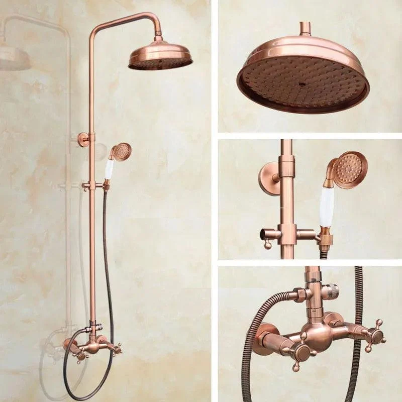 Antique Red Copper Wall Mounted Dual Handles Shower Head Tap Set -Bathlova