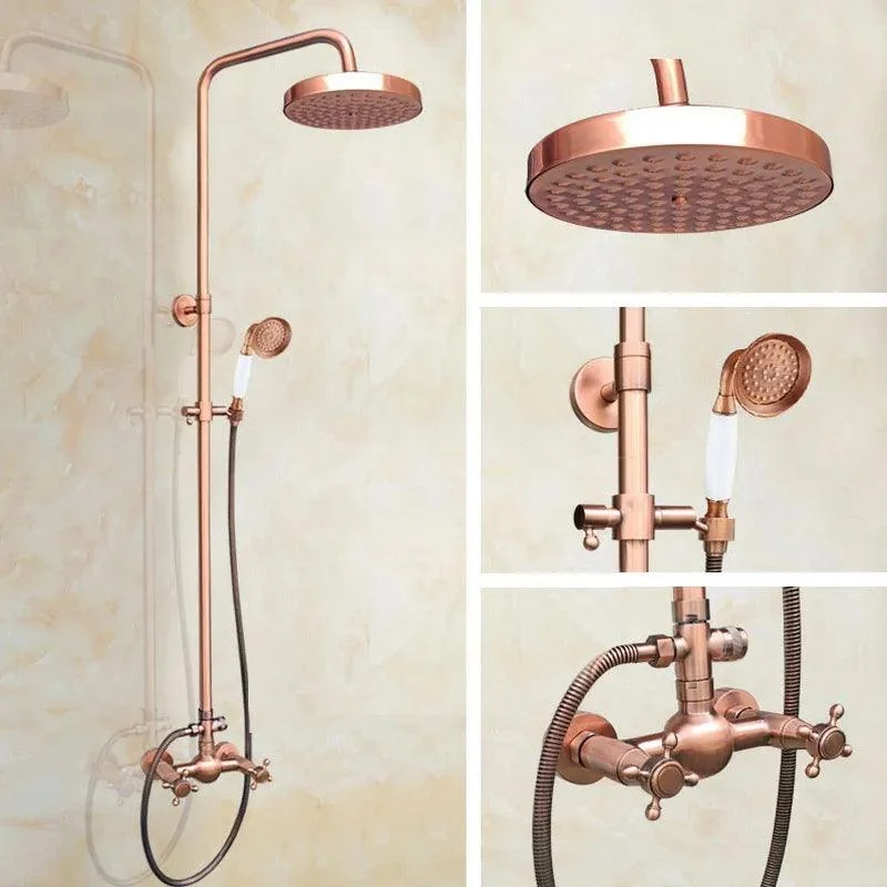 Antique Red Copper Wall Mounted Dual Handles Shower Head Tap Set -Bathlova